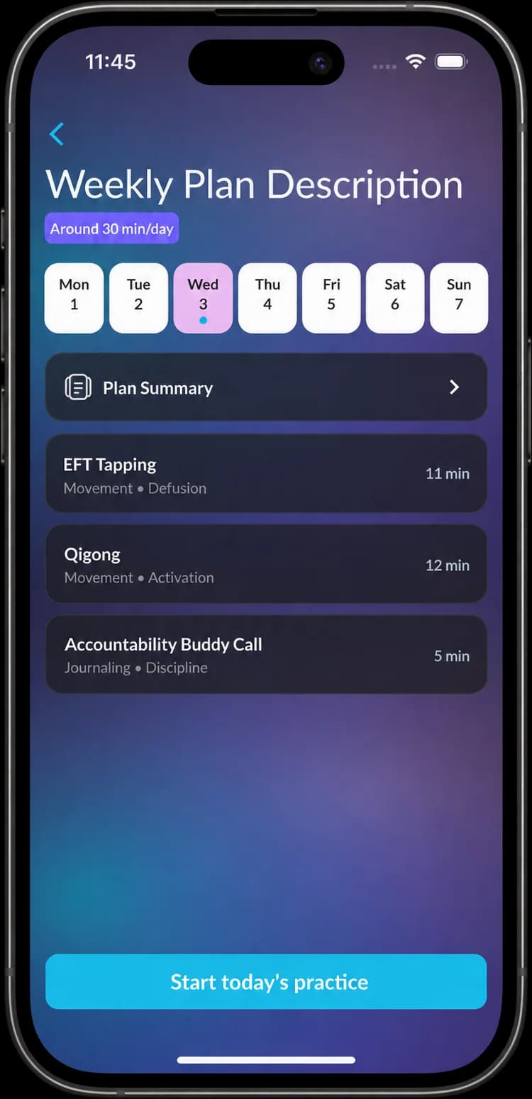 The Weekly Plan Description screen: around 30 minutes a day, the seven-day strip, the Plan Summary row, and three practices with their labels and minutes