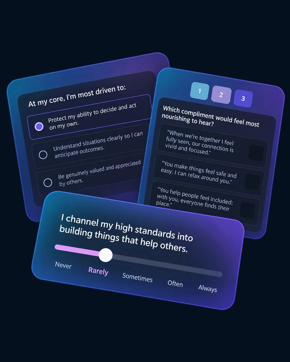 Three question cards from the personality assessment